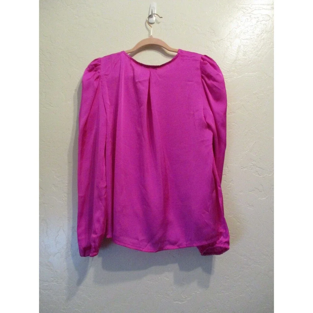 Sam & Jess Womens Sz M Satin Surplice Long Sleeve Puff Shoulder Top Pink Silky - Picture 3 of 9
